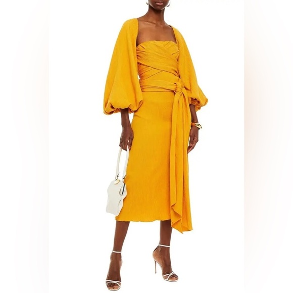 Johanna Ortiz Marigold Yellow Luna Miel Convertible Textured Crepe Midi Dress 8 - Picture 3 of 11
